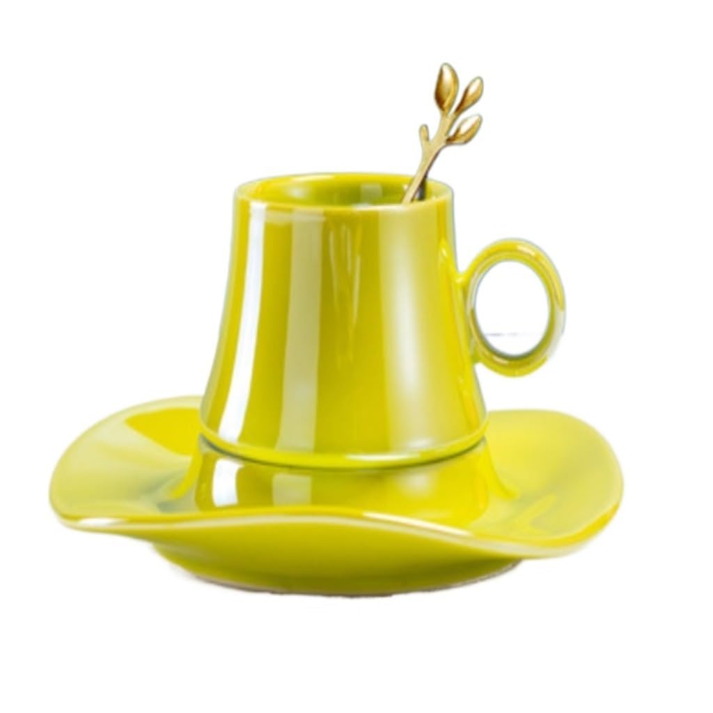 vfdaSWQQ Tea set, Bright Leaf Ceramic Coffee Cup High-Value Mug Home Breakfast Afternoon Tea Set and Saucer(Yellow)