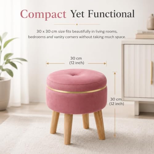 Image of Ottoman Stool for Living Room Foot Rest | Velvet Small Ottoman Foot Stool | Solid Wood Legs | Footstool Puffy for Home, Bedroom & Makeup Table | 30 x 30 cm (12 x 12 Inch) | Gajri