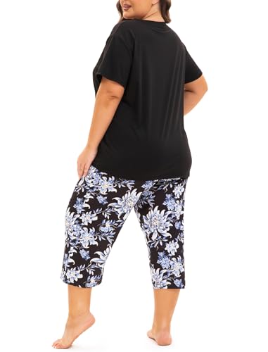 Image of Plus Size Pajamas for Women Set, Womens Plus Size Short Sleeve V Neck Capri Pants Pajama Sets with Pockets