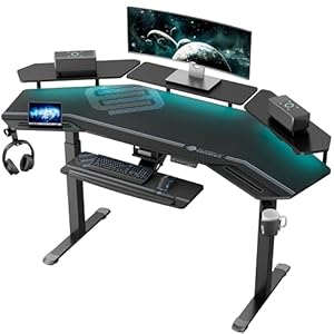 EUREKA ERGONOMIC Electric Standing Desk 182×76 cm Wing Shaped Gaming Desk Height Adjustable Large Studio Computer Desk with LED Convertible Monitor Shelves, Keyboard Tray