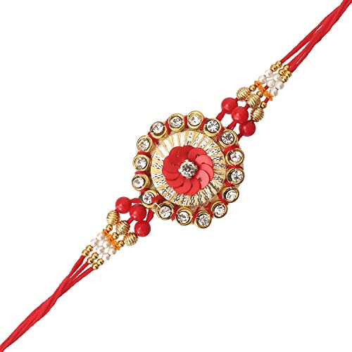 Image of eCraftIndia Set of 7 Rakhi Combo Hamper | Multicolor Om Ganesha Swastik Rudraksha Pearls Religious Designer Rakhis | Roli Chawal Pack