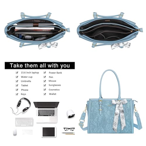 Image of MOSISO Laptop Bag for Women, PU Leather Tote Bag, Front Embossed Retro Hibiscus Computer Bags with Silk Scarf&Clutch Purse
