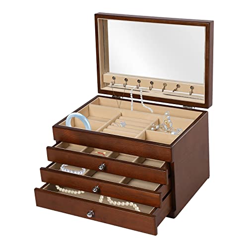 Joyero de madera con 4 niveles, organizador de joyas, vintage, 3 cajones, con espejo