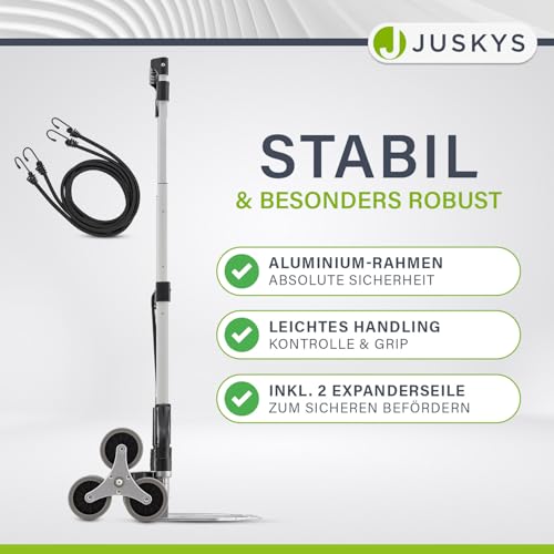 Juskys Treppensackkarre klappbar & bis 80 kg belastbar - Alu Mini Sackkarre für Treppen - mit Handschuhen & Expanderseilen - Treppensteiger klein