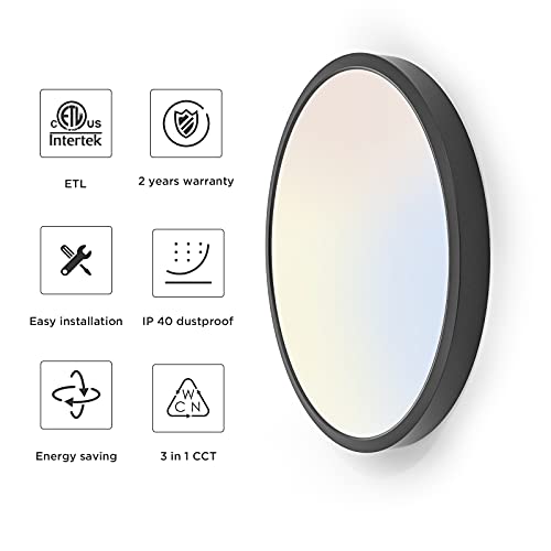 12 Inch Led Round Flat Ceiling Light,20W(200W Equiv) 2000 Lm,3000K/4000K/6500K Cct Selectable, Edge-Lit Flush Mount Led Ceiling Light For Kitchen,Bedroom,Laundry And Closet Room,Black #TOP1