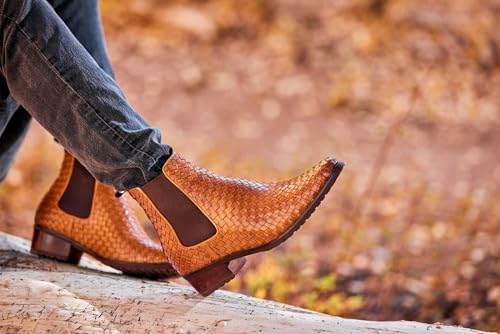 Image of CALTO Men's Invisible Height Increasing Elevator Shoes - Brown Premium Leather Woven Slip-on Chelsea Ankle Boots - 3.3 Inches Taller - K30522 - Size 10.5 D(M) US