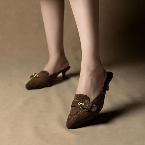 Image of Theater Women Pointed-Toe Mule Heels | Slip-On Kitten Heels with Gold Buckle | Elegant & Comfortable Sandals for Work, Office & Smart Casual Wear