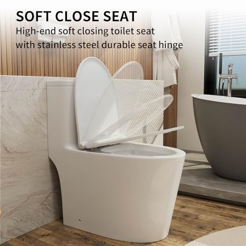 Image of Dual Flush Elongated Standard One Piece Toilet with Comfortable Seat Height, Powerful & Quiet Dual Flush Modern Toilet, 12'' Rough-In, Glossy White,6636