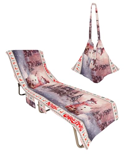 Christmas Snowman Beach Lounge Chair Towel Cover, Soft Chaise Lounge Towel with Side Pockets Patio Pool Chairs Cover for Beach/Pool Sunbathing 29x85 Pink Xmas Winter Snowflake Geometric
