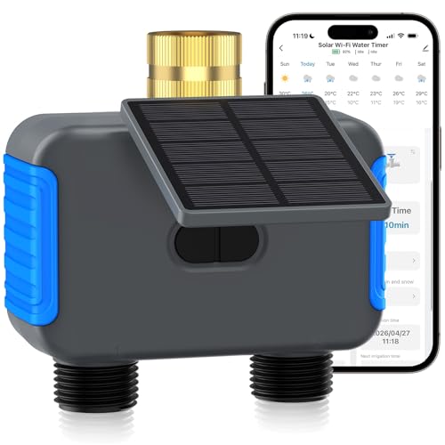 Grillum WiFi Solar Sprinkler Timer 2 Zone Smart Bluetooth Hose Timers Water Timer for Garden Hose with APP Digital Automatic Irrigation System Compatible with Alexa Google for Outdoor Garden Lawn