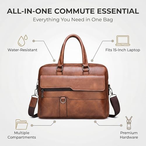Image of Men's Leather Laptop Bag 15 IN, Water-Resistant Briefcase Messenger Bag for Work, Business, Shoulder Crossbody Office Satchel