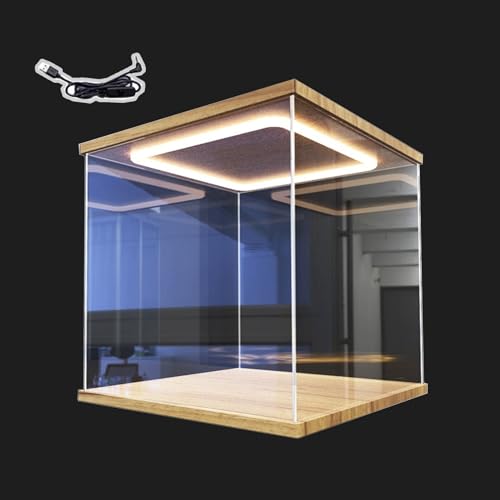 Vitrina de Acrílico Vitrina Cuadrada de Acrílico Transparente con Luz LED en Forma de Cubo, 10 15 20 25 30 35 40 45 50 60cm Caja de Exhibición con Tapa, Exhibidor de Figuras(10x10x10cm/4'x4'x4')