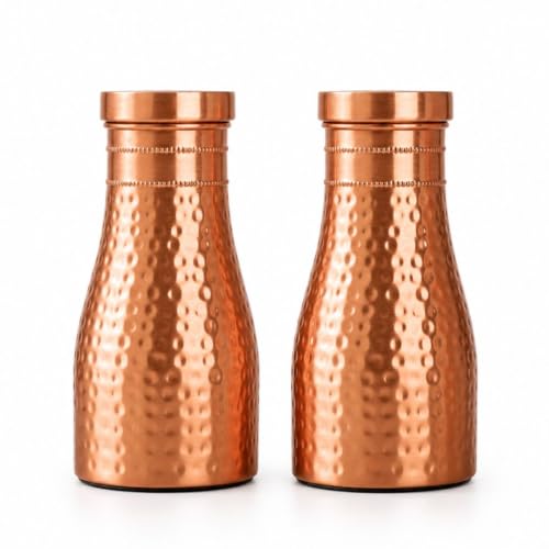 Image of Hammered Copper Bedside Pot | Pure Copper Water Vessel (Bedside Double) | Handcrafted Hammered, Copper Carafe with Lid, Ayurvedic Copper Vessel, Premium Gift Set