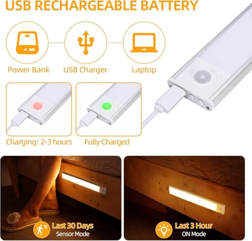Image of ELLEVE- 20CM Rechargeable Under Motion Sensor LED Light for Wardrobe, Closet, Cabinet, Kitchen, Stairs, Drawer, Shelf, Garage, 3 Color Modes, Dimming, Wireless Magnetic Indoor Lights (Pack of 1)