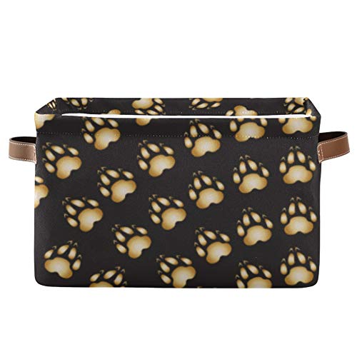 NQEONR Rectangular Decorative Baskets for Storage Gold Animal Paw Print Golden Pantry Organization and Storage Containers with Strong Pu Leather Handle Waterproof Storage Organizer Basket