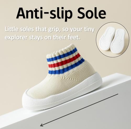 Image of Baby Sock Shoes Toddler Walking Slippers with Soft Rubber Sole | Non-Slip Breathable Stripes Shoes for Infant Boys Girls Slip On Sneakers