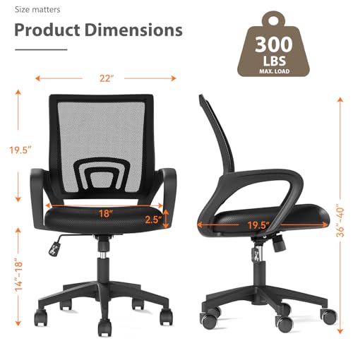OS MOTOR Home Office Chair, Ergonomic Mid-Back Mesh Desk Chair with Lumbar Support, Adjustable Swivel Rolling Design, Comfy Armrest for Work, Study, Gaming, Vanity, Black - Thumbnail 3