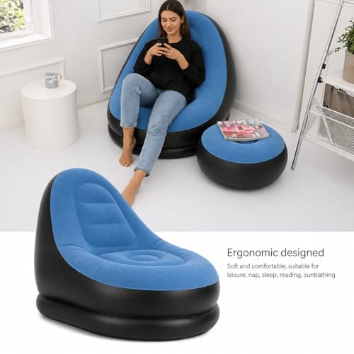 Image of Inflatable Lounge Chair for Adults with Ottoman, Foldable Air Sofa Couch, Portable Blow Up Chair for Living Room Bedroom, Comfortable Indoor Seating, 150 kg Capacity (Light Blue)