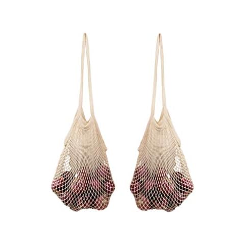 Organic Cotton French Market Tote - Onion Mesh Storage Bags - Net Shopping Bags, Fruit Hammock Bag - Organic Cotton Mesh Grocery Produce Bags with Handles - Sturdy & Stretchable Net Tote Bags (2 Bags) Cover