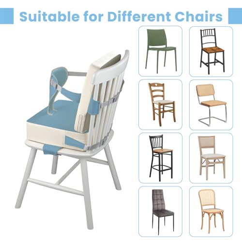 Image of Toddler Booster Seat for Dining Table with Adjustable Straps, Kids Booster Seat for Kitchen Chair with Non-Slip Bottom, PU Anti-Scratch Portable Detachable Increasing Cushion (Blue)