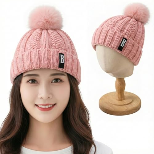 Image of Kraptick Women's Winter Cap - Knit Beanie with Soft Fleece Lining Hat, Stylish Pom Pom Thick Woollen Skull Cap, Warm Hat for Ladies & Girls -3