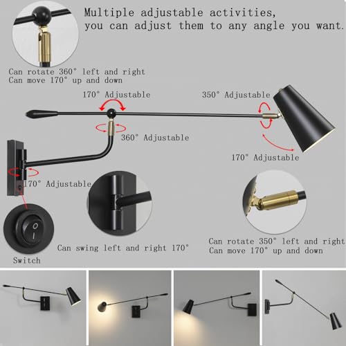 Image of 33 inch Large Black Rotatable Movable Long Pole Swing Arm Wall Sconce | Adjustable Direction Dual Power Modes Hardwired /Plug in Wall Light, Vintage Industrial Wall Lamps for Living Room Bedroom
