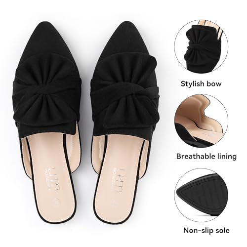 Image of MUSSHOE Pointed Toe Women's Bow Mules: Slip On Backless Loafers - Dressy Casual Flat Shoes for Office Work & Everyday Wear
