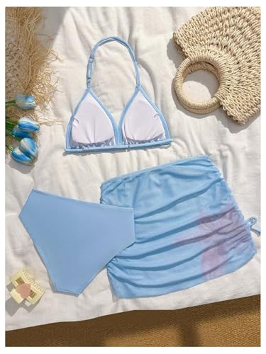 Image of RoseSeek Girl's 3 Piece Cute Bowknot Bathing Suit Halter Triangle High Waisted Swimsuit with Beach Cover Up Skirt