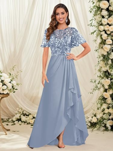 Mother of The Bride Dress for Women Chiffon Short Sleeve Ruffles Sequin Elegant High Low Evening Prom Gown3