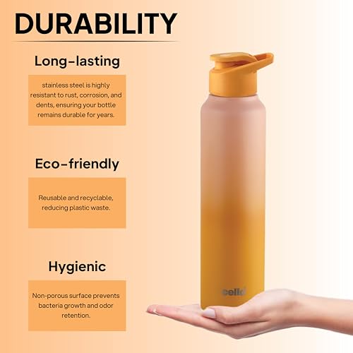 Image of CELLO Aqua Pro Max Stainless Steel Water Bottle 1000 ml Pink & Yellow | ISI Certified Single Wall Rust & Leakproof Fridge Safe Stylish Easy Grip Colorful Steel Water Bottle For Office & Daily Use