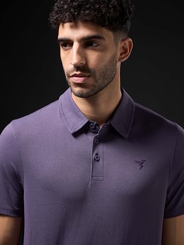Image of TECHNOSPORT Men's Solid Slim Fit Polo Collar T-Shirt COTFLEX Half Sleeve Button Polyester for Gym Running Workout UPF50+ Anti Odour