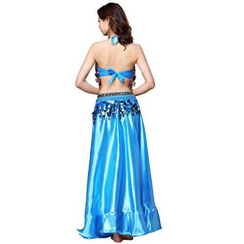 Belly Dance Satin Skirt Split Side Long Skirts Shiny Dance Skirt Festival Performance Clothing For Women (Sky Blue) #TOP2
