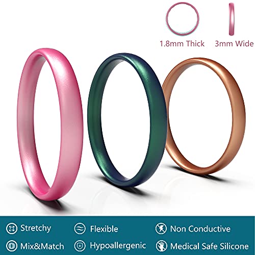 Zollen Silicone Wedding Rings for Women, 3mm Metallic Color Thin Rubber Wedding Bands Stackable Ring, Hypoallergenic Silicone2