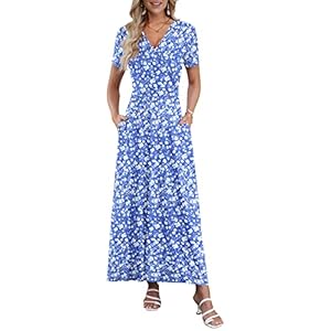 AUSELILY Women’s Summer Maxi Dress Short Sleeve Floral Print Bohemian V Neck with Pockets