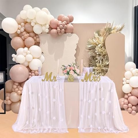 YOUMEHOME 4 Pieces Flower Wedding Tablecloth White Pearl Tulle Tablecloth 60x120 Inch Sheer Veil Table Cover Fabric Decor for Bridal Shower Birthday Wedding Reception 10 FT Cover