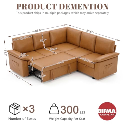 Image of 85 Inch Faux Leather Modular Sectional Sofa with Pull Out Bed, L Shaped 5 Seat Sectional Sleeper Sofa with Storage, Sectional Couches for Living Room, Cloud Modular Couch,Brown Leather