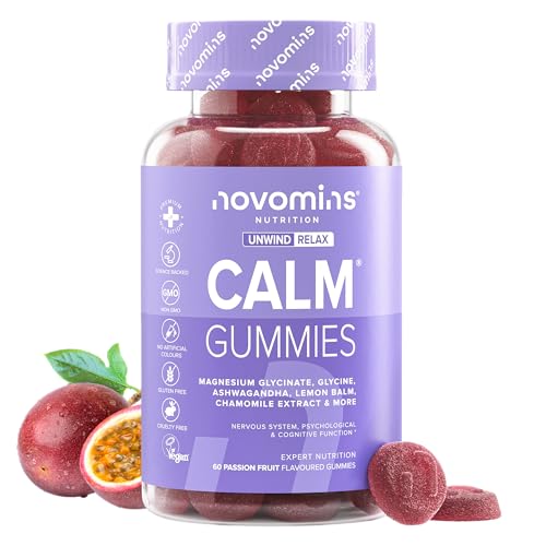Magnesio Glicinato Gominolas - Calm Gummies con 1050 mg de Glicinato y Citrato de Magnesio, Ashwagandha, Glicina, Melisa, Vitamina B12 y Yodo - Vegano y Sin Gluten - 60 Gominolas - Novomins