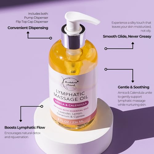 Lymphatic Massage Oil for Natural Lymphatic Drainage | Massage Oil for Massage Therapy | Premium Quality with Arnica & Lavender Oil | for Post Surgery Recovery & Detox | 8oz by Brookethorne Naturals