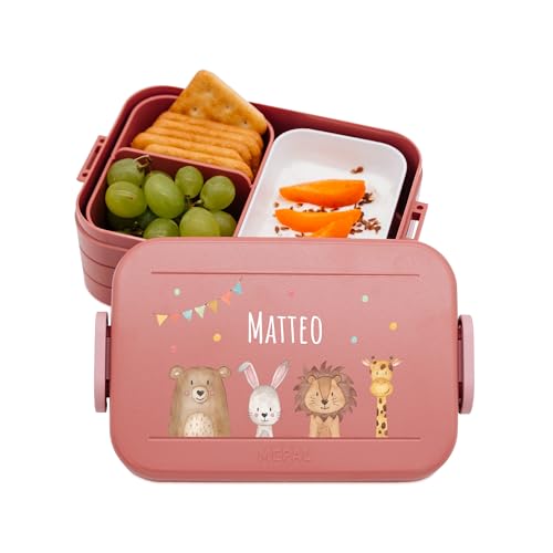 wunderwunsch MEPAL Brotdose Spülmaschinenfest Kinder, Lunchbox mit Einsatz für perfekte Ordnung, Spülmaschine, Mikrowellengeeignet, personalisiert mit niedlichem Motiv (Tiere Girlande, rosa)