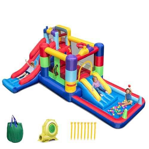 GLACER Inflatable Bounce House with 735W Blower, Blow up Bouncy Castle with 2 Slides, Jumping Area, Basketball Hoop, Ball Pit, Climbing Wall, Pitching & Ring-toss, Inflatable Water Park for Boys Girls
