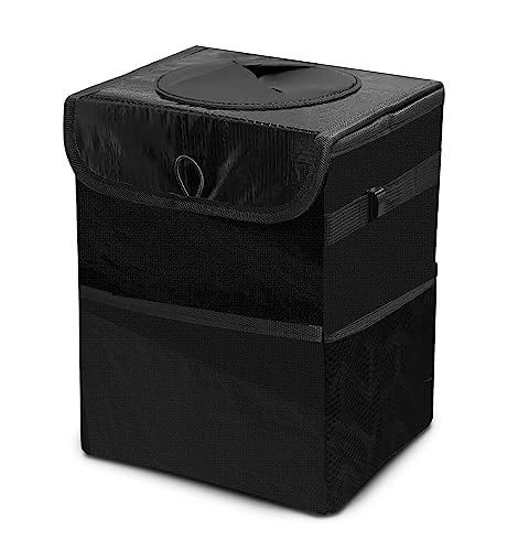 Image of House of Quirk Polyester Manual-Lift Car Trash Can With Foldable Lid And Storage Pockets, Leak-Proof Multipurpose Hanging Bag (Black)