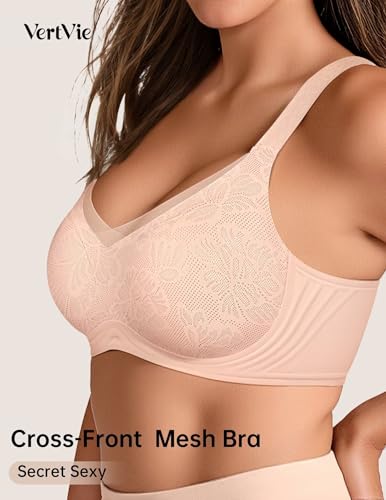 Image of Vertvie Wireless Jelly Bra Seamless Supportive Crossover | Full Coverage & Lift, Mesh V-Neck, No Underwire, Back Smoothing, Push Up, Plus Size, All-Age Comfort, Everyday T-shirt Bra