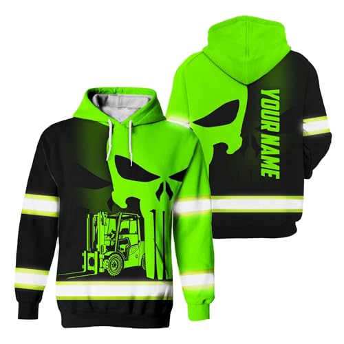 Matedecor Safety Hoodie Skull with Shadow Forklift Customize Name High Visibility Hoodie for Men Reflective Hoodie Hi Vis Hoodie Workwear for Runners, Walkers, Trucker, Operator, Patriotic-XL