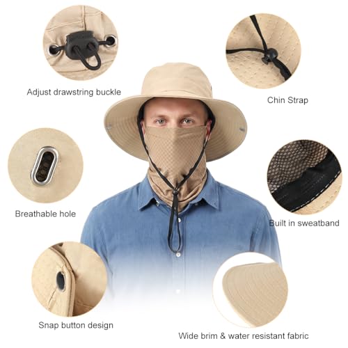 Image of GUSTAVE UV Sun Protection Hat with 2 in 1 Face Cover Neck Gaiter, Wide Brim Round Cap with Ice Silk Nylon Breathable Mesh Mask, UV Protection Fishing Hiking Cycling Outdoor Cap Set Light Khaki
