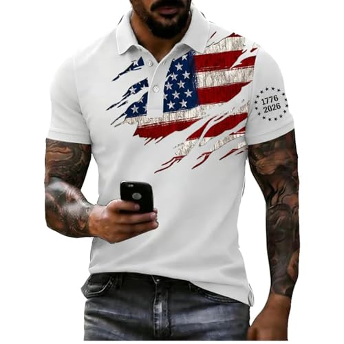 We The People, Men's 250Th Anniversary National Flag Print Casual Short Sleeve Polo Shirt Cross Patriotic Tee American Birthday T-Shirt Fashion (M, White)