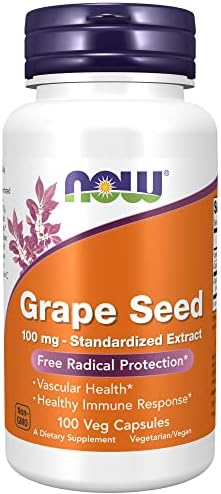 NOW Supplements, Grape Seed 100 mg - Standardized Extract, Highly Concentrated Extract with a Minimum of 90% Polyphenols, with Vitamin C, 100 Veg Capsules