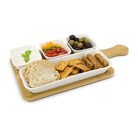 ROMINOX Quattro Bamboo Serving Bowls, Set of 4 Ceramic Bowls on Bamboo Board with Handle, for Snacks, Antipasti or Tapas with Dips, Approx. 35.5 x 18.5 x 3.7 cm Cover