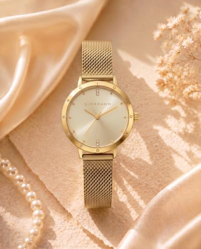 Image of Giordano Analog Quartz Watch for Women with Round Dial, Two-Hand Display, Crystal-Studded Hour Markers and Bezel and Stainless Steel Mesh Strap - A2085