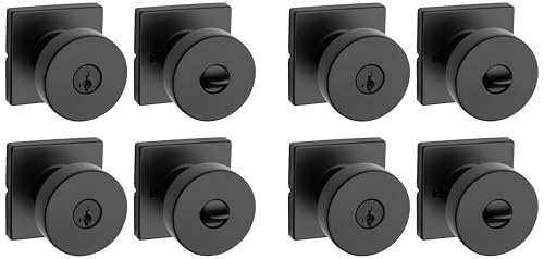 Image of Kwikset Pismo Entry Door Knob with Lock and Key,Secure Keyed Handle Exterior,Front Entrance and Bedroom,Matte Black,Pick Resistant SmartKey Rekey Security-and Microban,(Pack of 4)