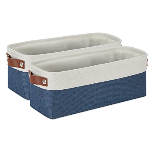 Image of DULLEMELO Toilet Paper Baskets for Storage 15"x6"x5.5" Small Rectangular Baskets for Towels [2 Pack] Collapsible Fabric for Organizing Closet,Shelf,Toys (White&Blue)